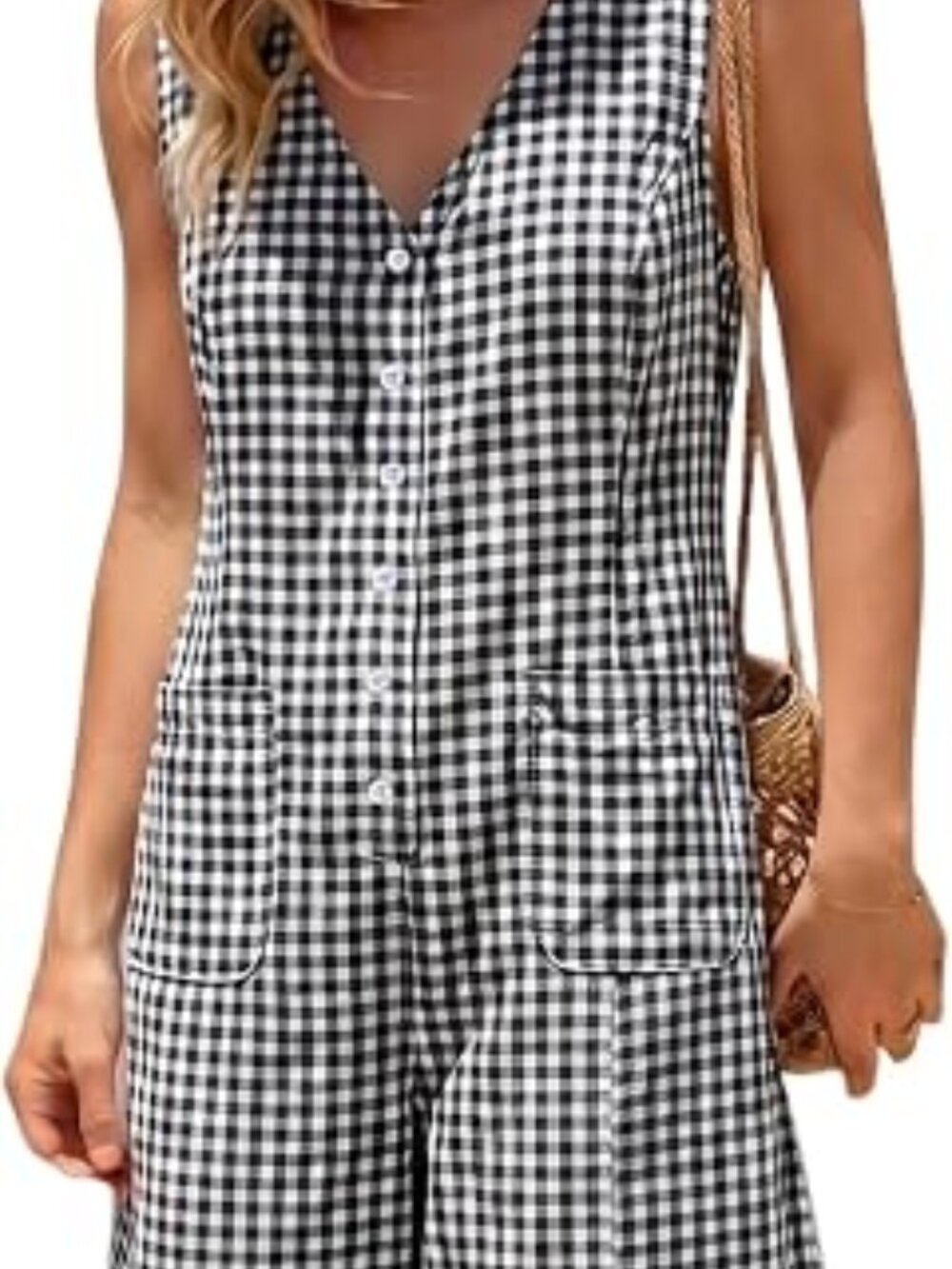 UANEO Women's Button-Down Gingham Plaid Jumpsuit (L)